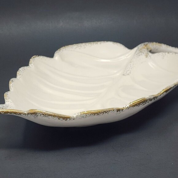 California Pottery Ceramic White Leaf Dish Bowl With Gold Trim Vintage 15" MCM - Picture 9 of 10